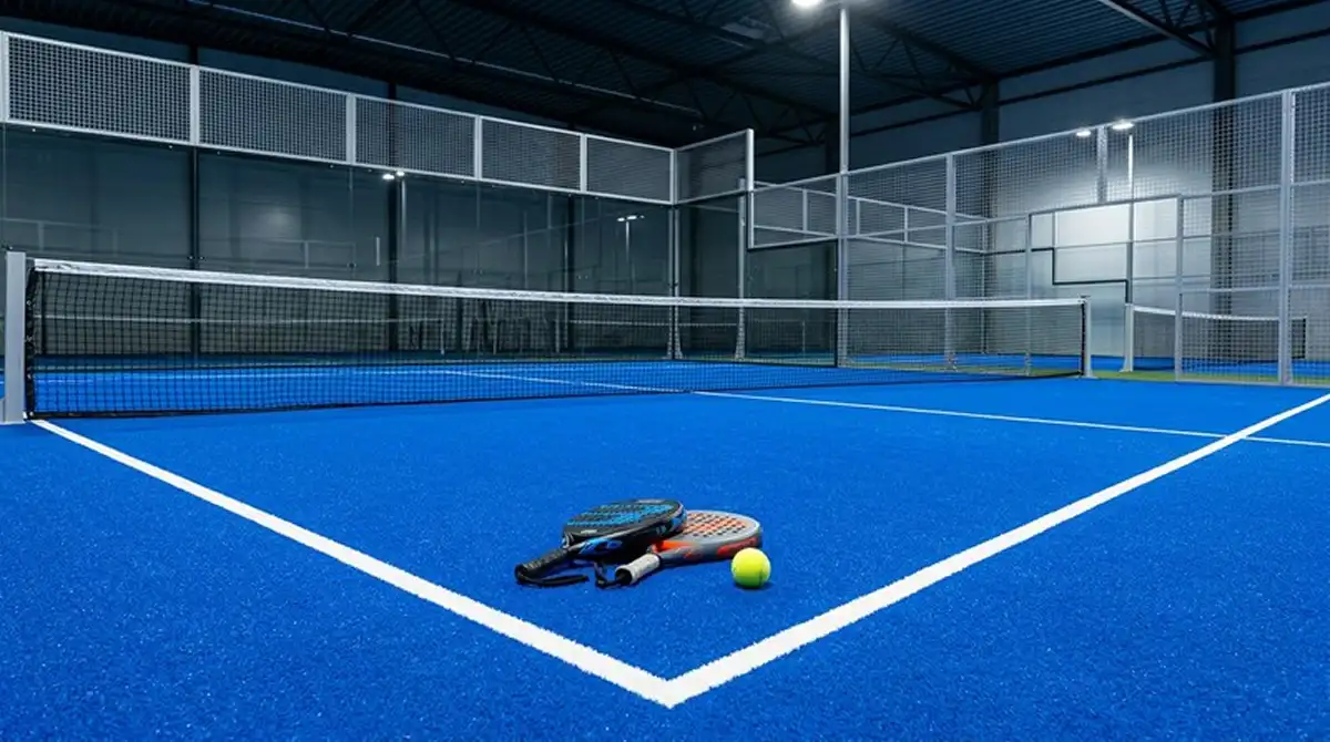 Campo da padel professionistico indoor con vetro perimetrale e rete centrale, superficie sintetica blu