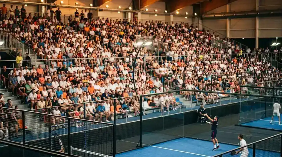 Tribuna gremita durante un match di Premier Padel al Foro Italico, atmosfera del BNL Italy Major