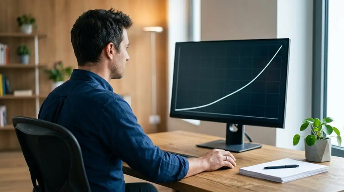 Analista che esamina dati del mercato scommesse sportive italiano su monitor con grafici di andamento